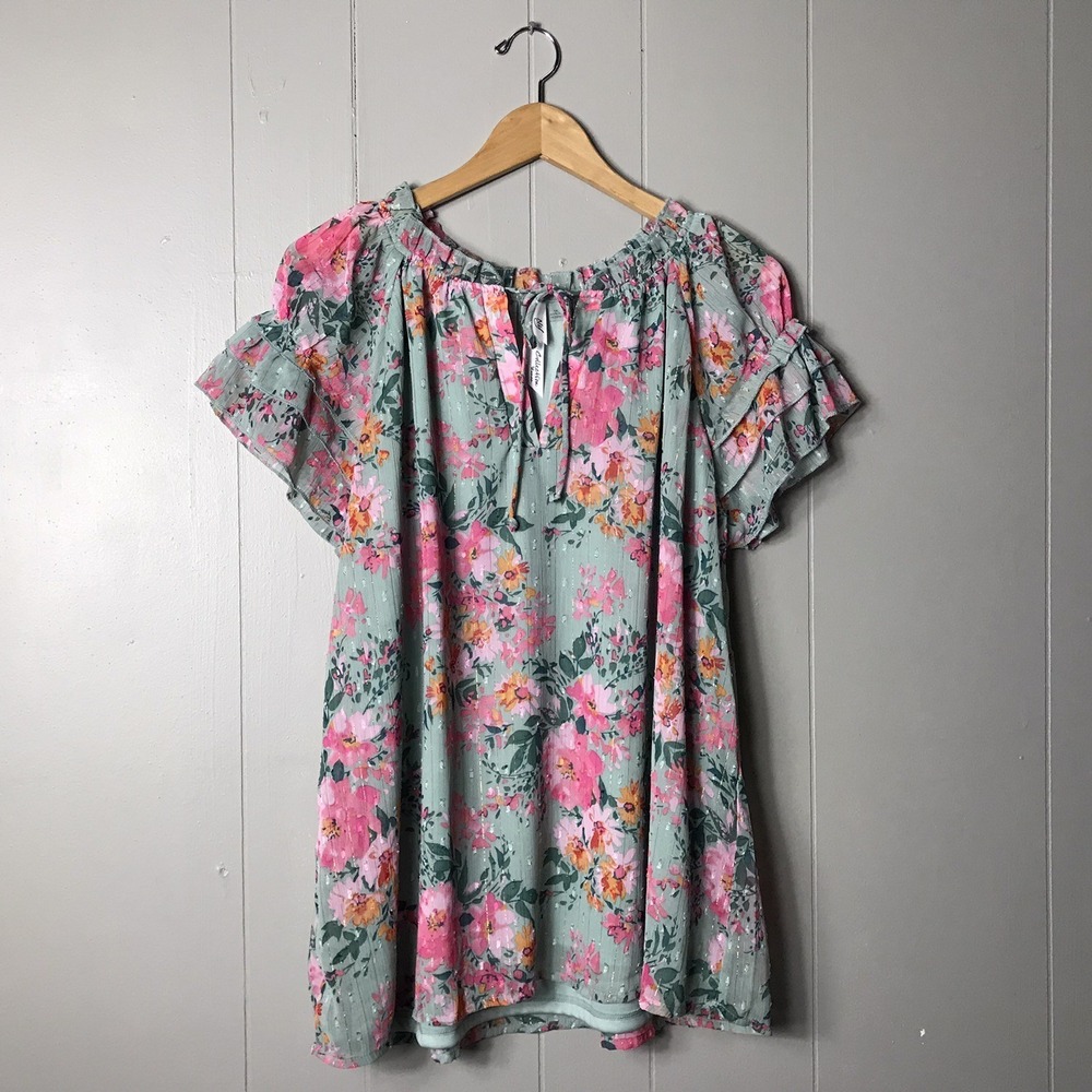 NY COLLECTION SAGE GREEN FLORAL SHEER BLOUSE RUFFLE SLEEVE LINED WOMENS 1X